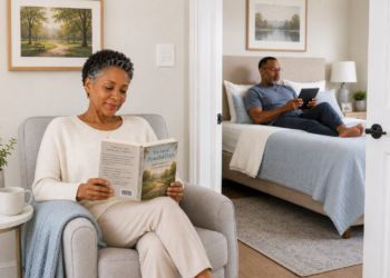 A woman sits in an armchair reading The Art of Peaceful Days, while her husband relaxes on a bed in the background with a tablet—a cozy scene reflecting their separate bedrooms marriage.
