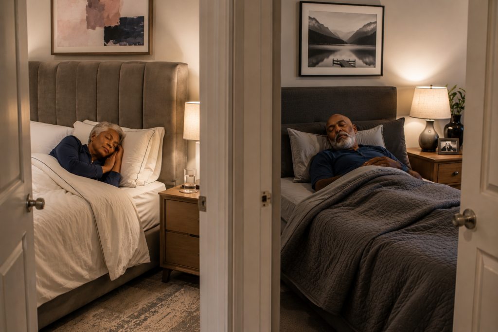 A split view of two bedrooms shows an older woman and an older man sleeping separately in their own beds, reflecting a separate bedrooms marriage, each with a nightstand and lamp. The rooms are cozy and softly lit.