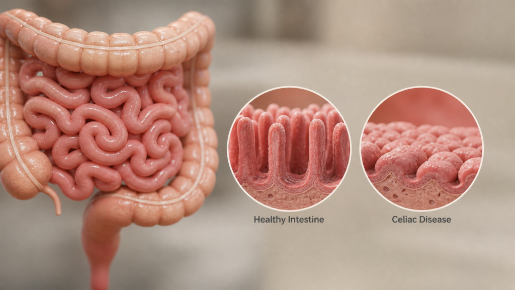 Anatomical illustration of human intestines, with magnified insets comparing healthy intestinal villi to damaged, flattened villi in celiac disease. Labels read Healthy Intestine and Celiac Disease.