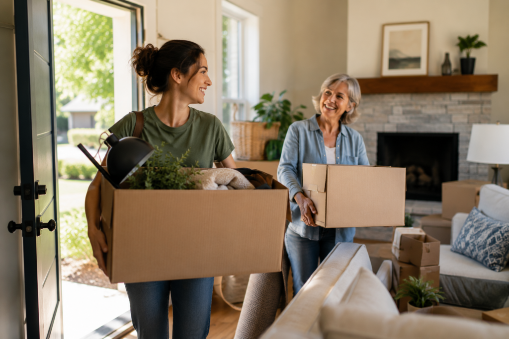 Two women smile at each other while carrying moving boxes into a bright, cozy living room. The room features stacked boxes, a fireplace, and large windows letting in natural light.