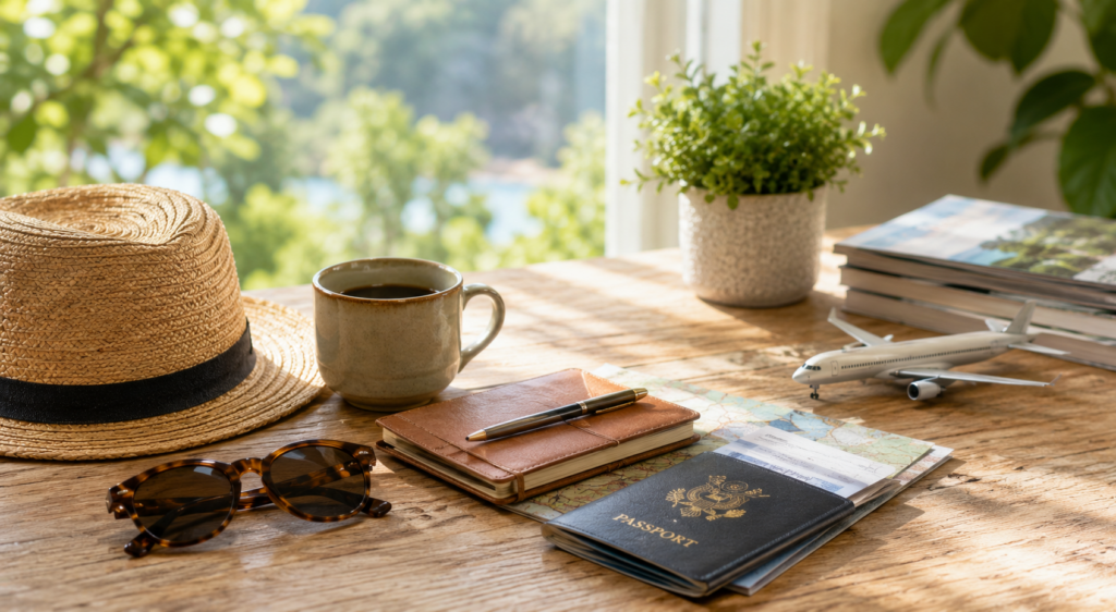 A straw hat, sunglasses, a cup of coffee, a notebook with a pen, a U.S. passport, a map, a small model airplane, and stacked books are arranged on a wooden table by a sunny window with plants outside.