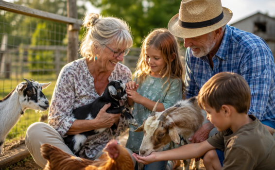 Two smiling older adults and two children sit outdoors on a farm, happily feeding and petting goats and a chicken. The group is surrounded by animals, enjoying a sunny, relaxed moment together.