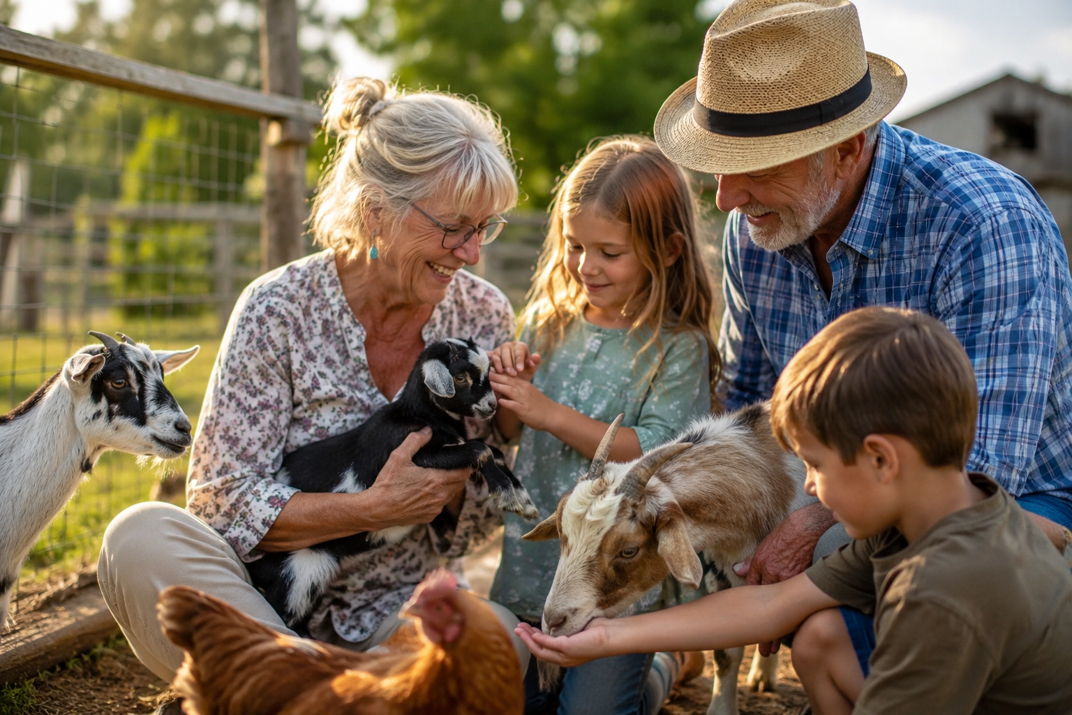 Two smiling older adults and two children sit outdoors on a farm, happily feeding and petting goats and a chicken. The group is surrounded by animals, enjoying a sunny, relaxed moment together.