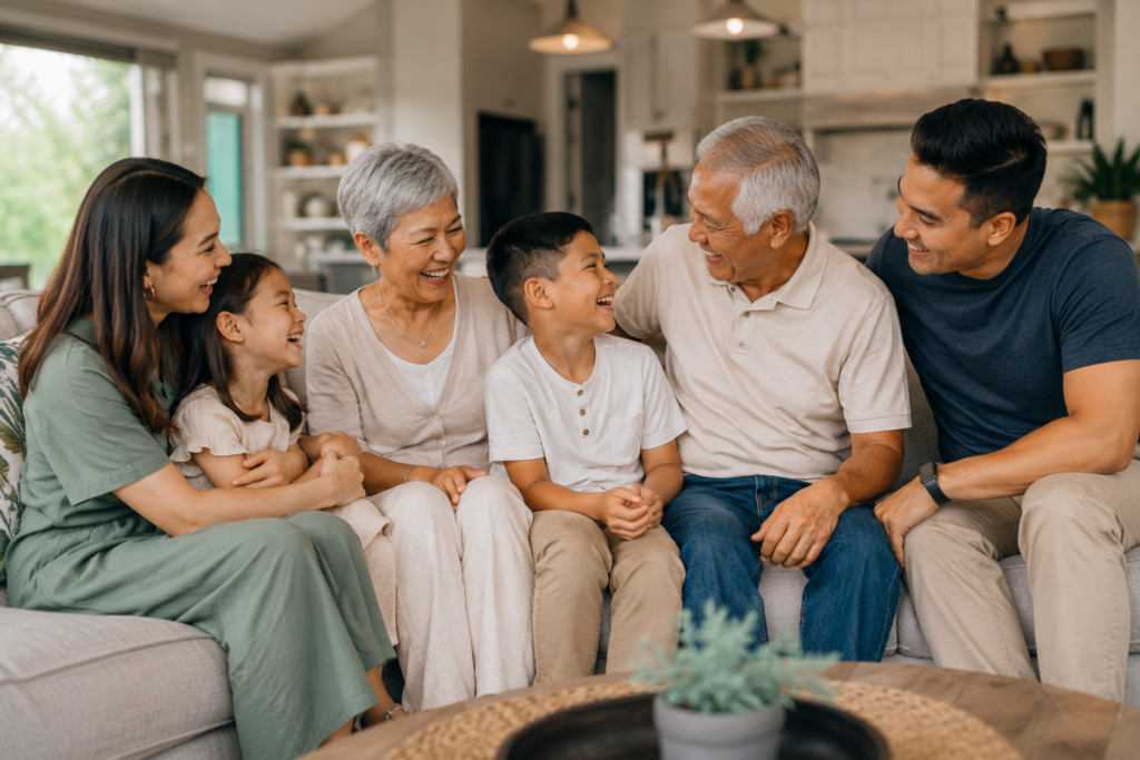 Three generations of an Asian family sit together on a sofa, smiling and laughing. Two children are in the center, surrounded by parents and grandparents, all enjoying a happy moment in a cozy living room.