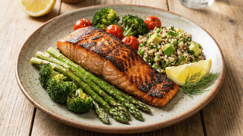 A plate with grilled salmon, asparagus, broccoli, roasted cherry tomatoes, quinoa salad with avocado, and a lemon wedge—perfect for those interested in eating for longevity—served on a rustic wooden table.