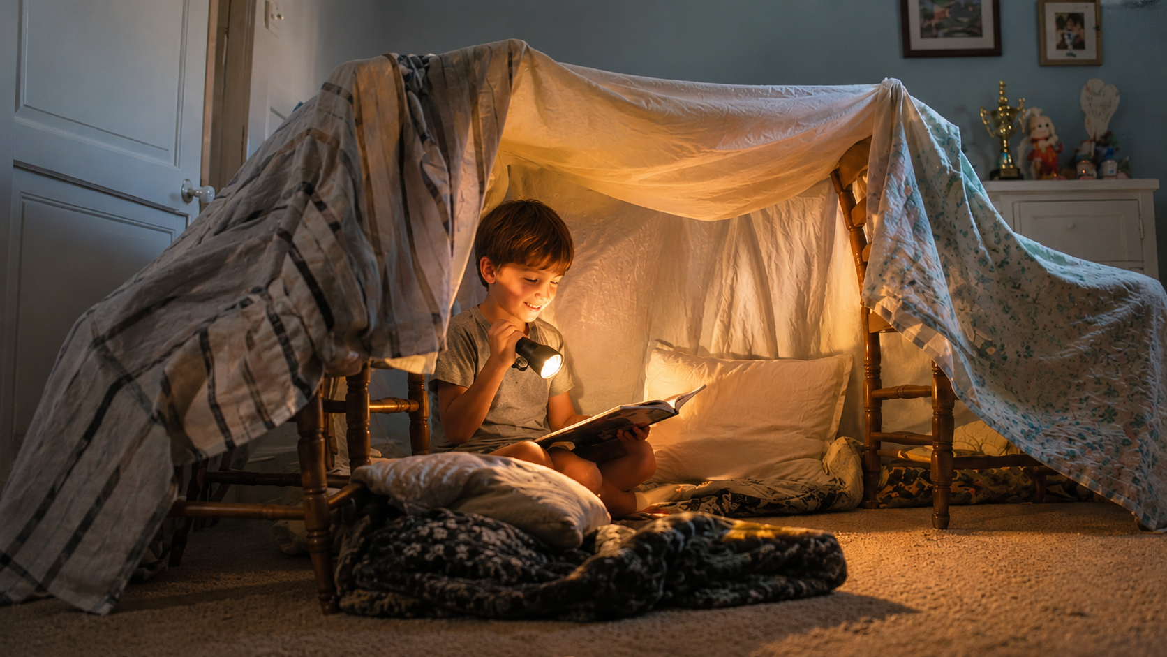 A young child sits inside a cozy blanket fort, reading a book by flashlight. Pillows and soft blankets make the fort inviting, while warm light creates a magical, nighttime atmosphere in a softly lit room.