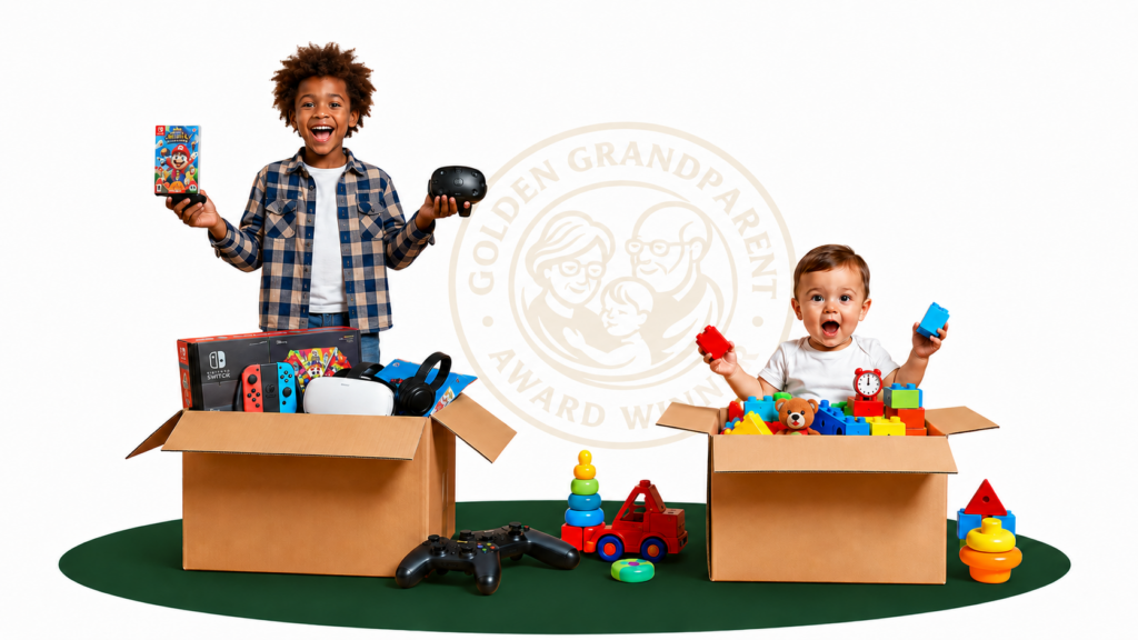 Two happy children stand behind open boxes filled with toys and games, including building blocks, a toy car, stuffed animals, and video game consoles. Both kids are smiling excitedly. An Award Application and Golden Grandparent Award Winner logo are in the background.