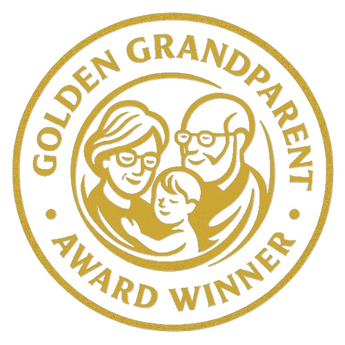 Gold circular badge featuring illustrations of two smiling grandparents and a child in the center. Surrounding text reads “Golden Grandparent Award Winner,” perfect for highlighting recipients on your Award Application.