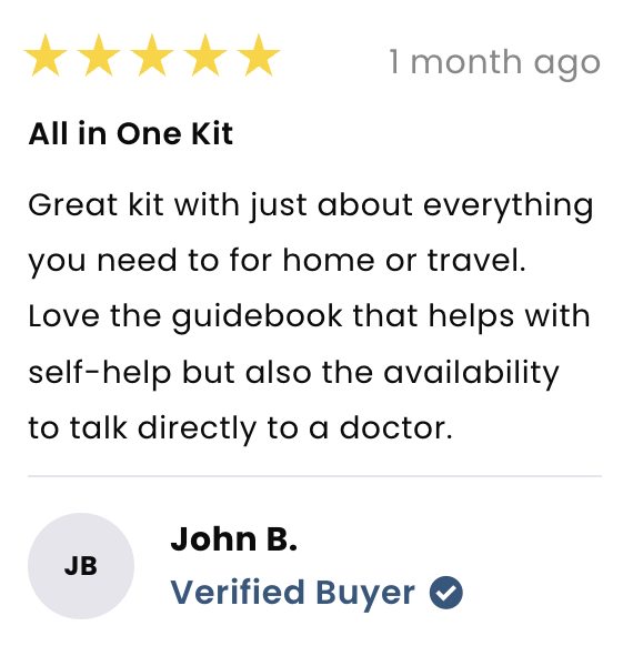 A 5-star review labeled “All in One Kit” praises the kit’s usefulness for home or travel, mentions a helpful guidebook and doctor access. Reviewer John B. is shown as a verified buyer; review was posted 1 month ago.
