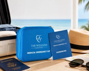 A blue medical emergency kit and guidebook are placed on a table with a straw hat, sunglasses, passports, and an open suitcase. The scene overlooks a beach and ocean, suggesting a travel or vacation setting.