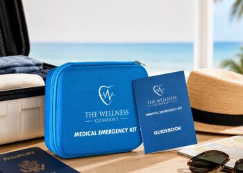 A blue medical emergency kit and guidebook are placed on a table with a straw hat, sunglasses, passports, and an open suitcase. The scene overlooks a beach and ocean, suggesting a travel or vacation setting.