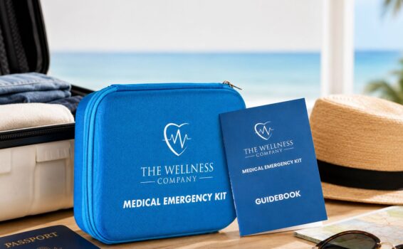 A blue medical emergency kit and guidebook are placed on a table with a straw hat, sunglasses, passports, and an open suitcase. The scene overlooks a beach and ocean, suggesting a travel or vacation setting.