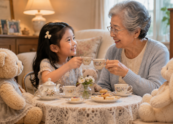 A smiling elderly woman and a young girl enjoy a tea party at a small, lace-covered table with stuffed teddy bears, tea cups, and treats in a cozy living room.