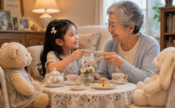 A smiling elderly woman and a young girl enjoy a tea party at a small, lace-covered table with stuffed teddy bears, tea cups, and treats in a cozy living room.