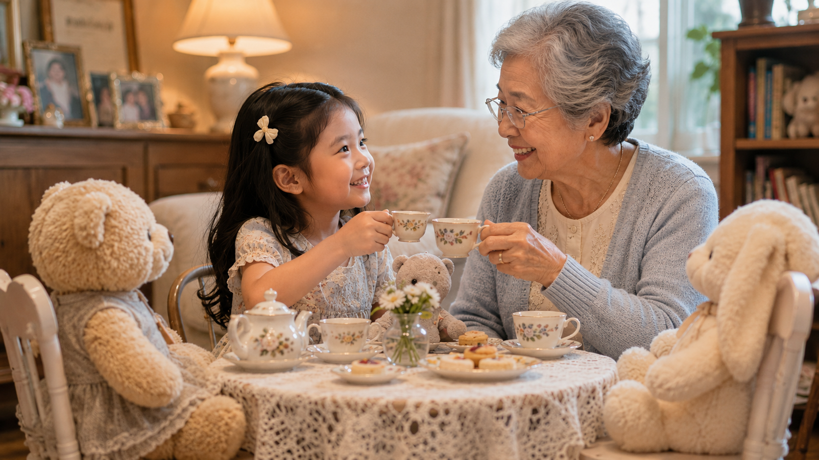 A smiling elderly woman and a young girl enjoy a tea party at a small, lace-covered table with stuffed teddy bears, tea cups, and treats in a cozy living room.