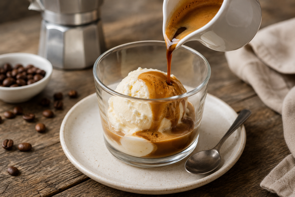 A scoop of vanilla ice cream in a glass is being topped with hot espresso from a small pitcher, creating an affogato. The glass sits on a plate with a spoon; coffee beans and a moka pot are in the background.