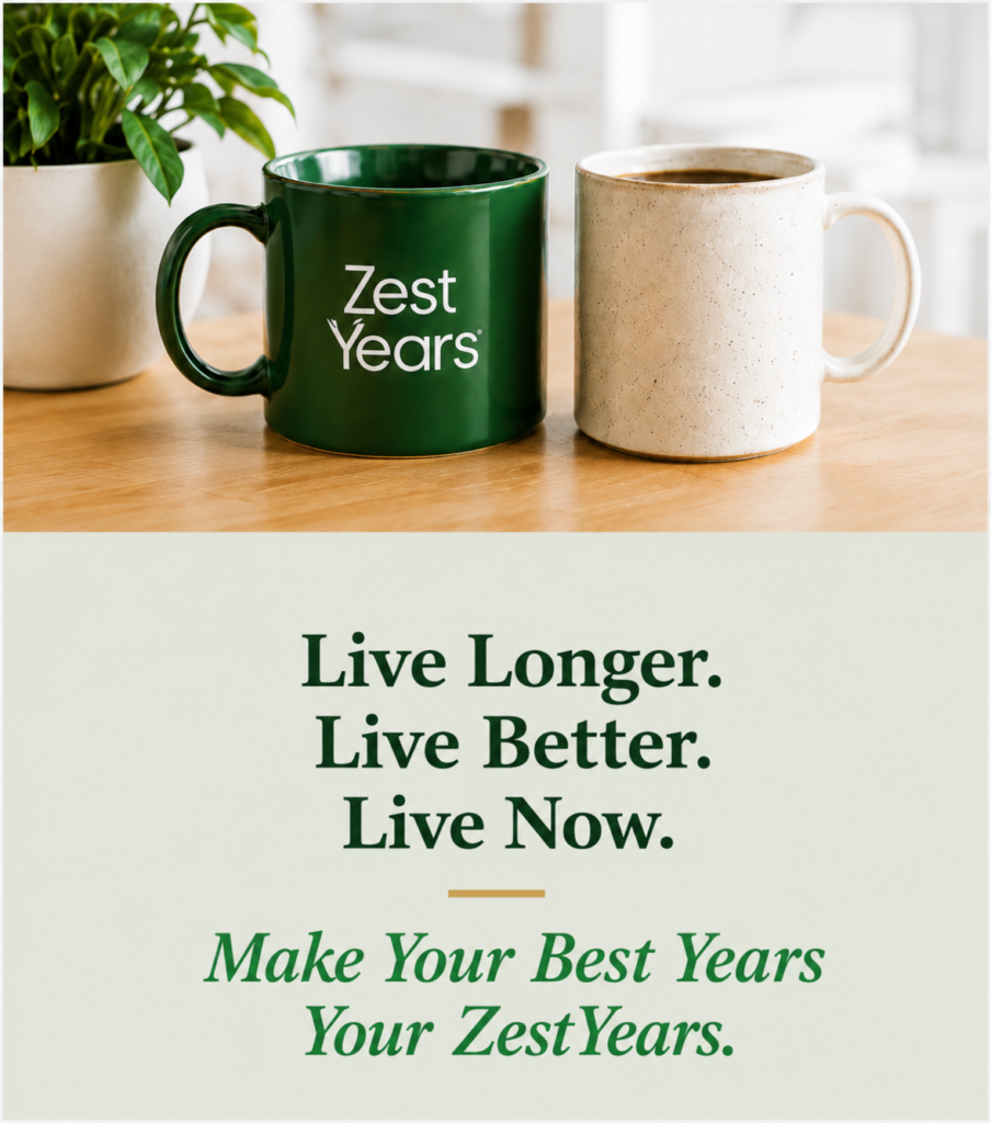 Two mugs, one green with “ZestYears” printed on it and one beige, sit on a wooden table next to a potted plant. Below is the slogan: “Live Longer. Live Better. Live Now.” Discover more about ZestYears—a lifestyle site for older adults.