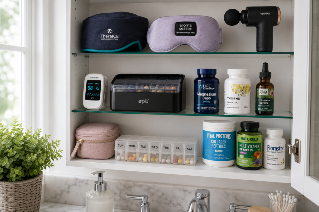 A bathroom medicine cabinet with shelves holding vitamins, a pill organizer, supplements, a massage gun, a blood oxygen monitor, sleep masks, a small case, skincare products, and a plant on the counter.