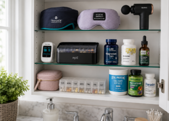 A bathroom medicine cabinet with shelves holding vitamins, a pill organizer, supplements, a massage gun, a blood oxygen monitor, sleep masks, a small case, skincare products, and a plant on the counter.