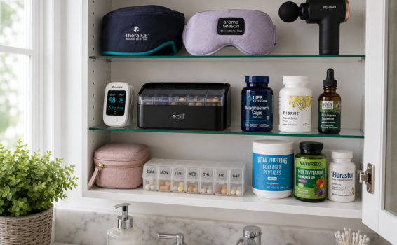 A bathroom medicine cabinet with shelves holding vitamins, a pill organizer, supplements, a massage gun, a blood oxygen monitor, sleep masks, a small case, skincare products, and a plant on the counter.