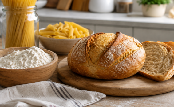 A round loaf of rustic bread, partially sliced, sits on a wooden board surrounded by a bowl of flour, uncooked pasta, and a jar of spaghetti—common foods that may trigger gluten sensitivity symptoms for some people in this bright kitchen setting.