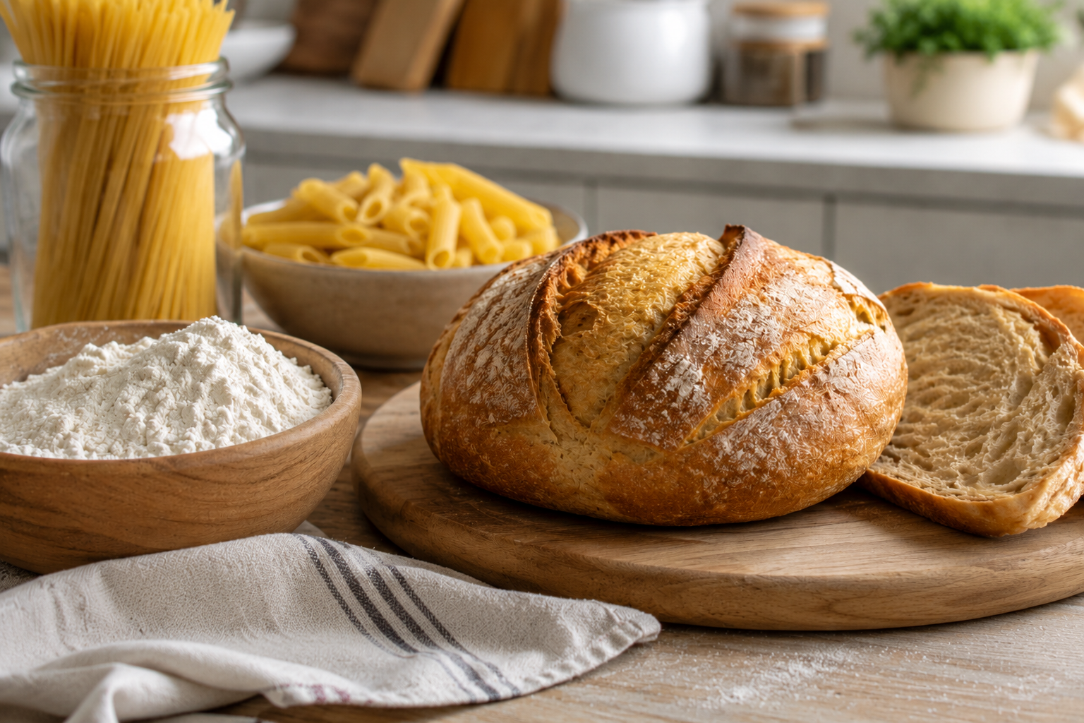 A round loaf of rustic bread, partially sliced, sits on a wooden board surrounded by a bowl of flour, uncooked pasta, and a jar of spaghetti—common foods that may trigger gluten sensitivity symptoms for some people in this bright kitchen setting.