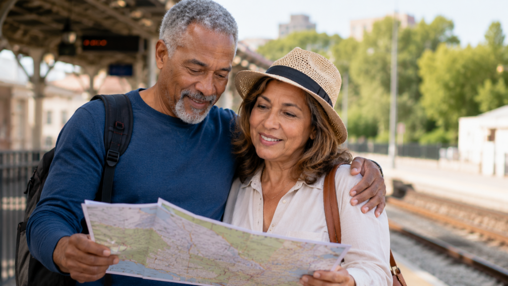 An older couple stands on a train platform, smiling while reading a map together. The man has his arm around the woman, who is wearing a hat, and train tracks are visible in the background.