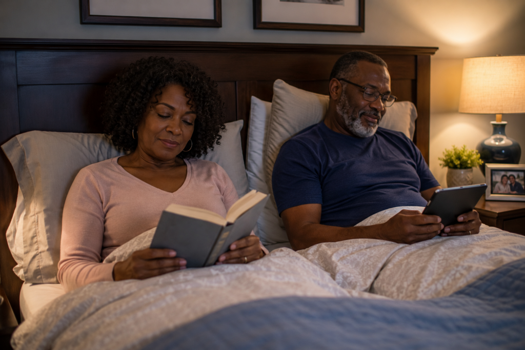 A middle-aged couple is sitting up in bed together, enjoying their evening routine. While some opt for a separate bedrooms marriage, these two relax side by side—the woman reads a book as the man uses his tablet, with cozy lighting and framed photos nearby.