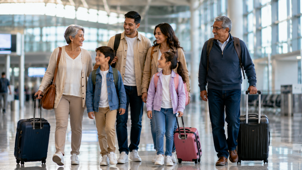 Three generations of a smiling family walk together in an airport terminal, each with luggage. Grandparents, parents, and two kids are dressed casually and look happy—ready for their trip with travel insurance giving them peace of mind.