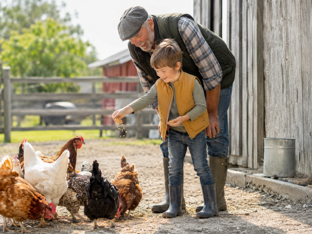 A young boy and an older man feed chickens outside a barn on a sunny day. The boy scatters feed while the man, smiling, watches beside him. Several chickens peck at the ground nearby.