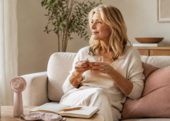 A woman sits on a cozy sofa with pink and beige pillows, holding a glass and looking out the window. A notebook, pen, tumbler, mini fan, and eye mask are on the wooden coffee table in front of her.