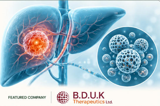 Illustration of a human liver with a highlighted tumor, blood vessels, and a close-up inset of spherical nanomedicine particles—showcasing advances in the science of living longer. B.D.U.K Therapeutics Ltd. logo and Featured Company text are shown below.