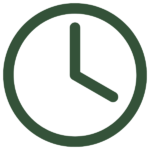 A simple dark green clock icon with hands pointing to 3 oclock, on a light gray background.