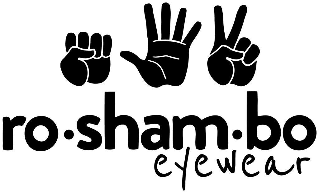 Logo for ro·sham·bo eyewear featuring three hand gestures above the text: a fist (rock), an open hand (paper), and a peace sign (scissors), representing the rock-paper-scissors game.