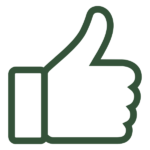 A simple, dark green outline of a hand giving a thumbs up gesture on a light gray background.