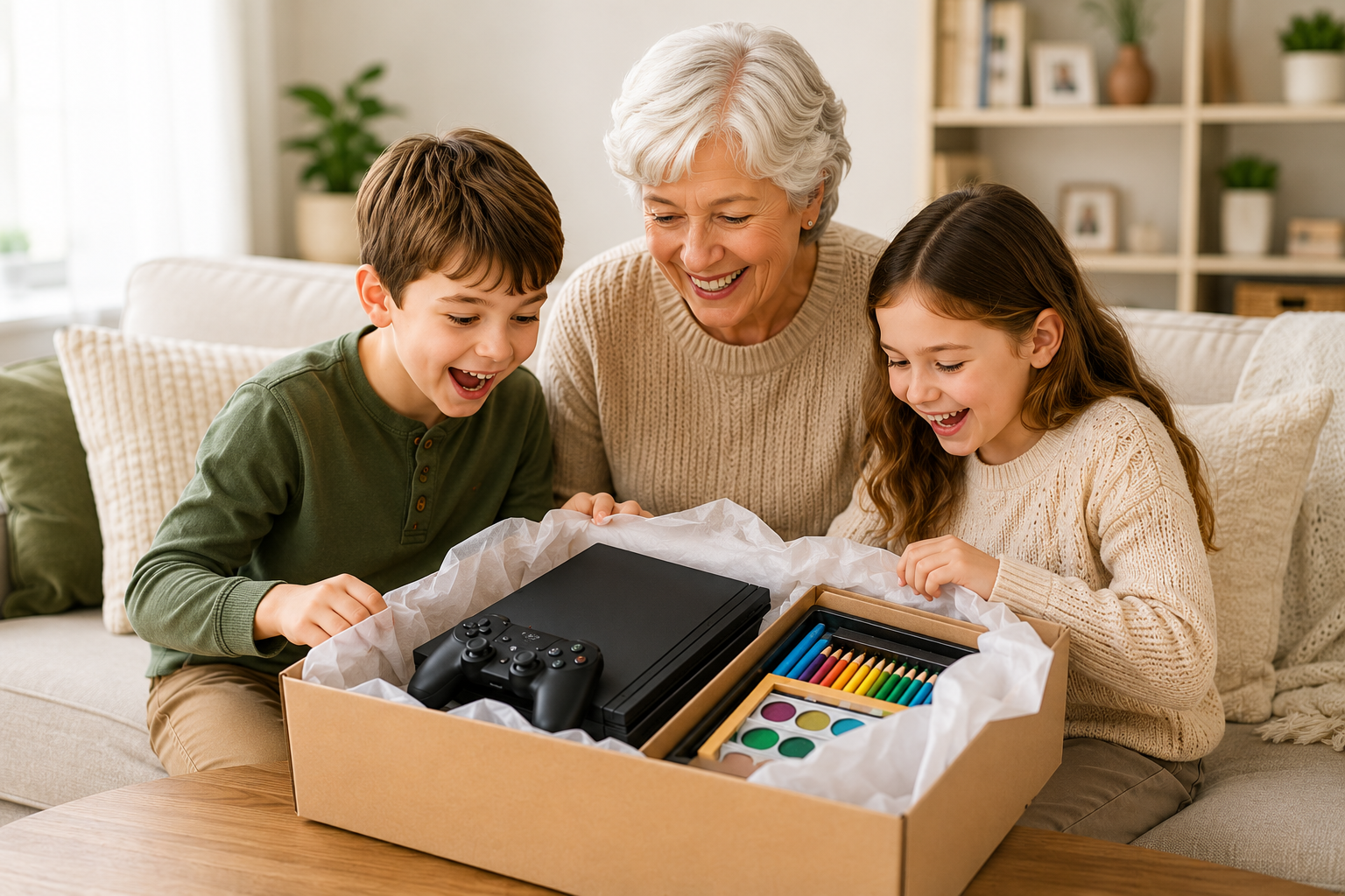 Grandparent and grandchildren opening gifts together