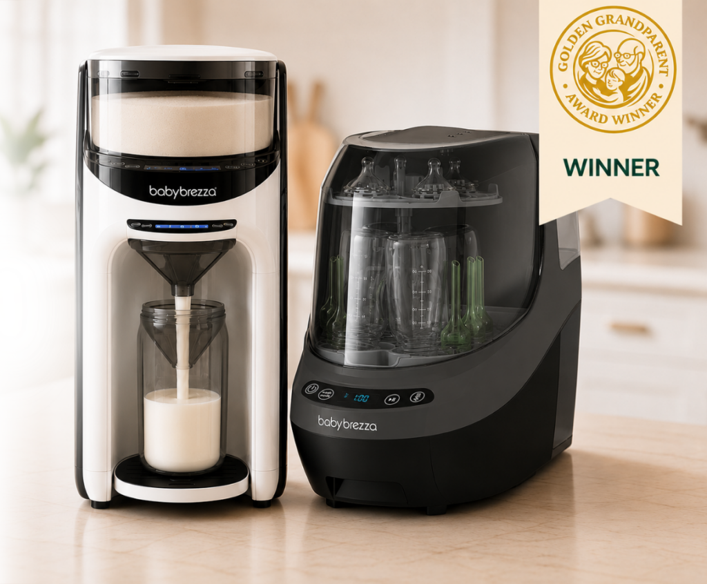A Baby Brezza formula maker dispenses milk into a bottle next to a Baby Brezza bottle sterilizer on a kitchen counter. A Golden Grandparent Award Winner badge is in the top right corner.