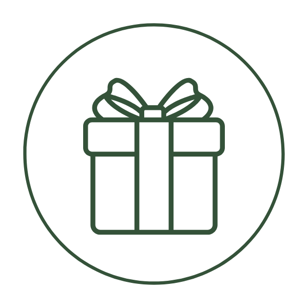 A simple line drawing of a gift box with a ribbon and bow, enclosed in a circular border. The illustration is in dark green on a white background.