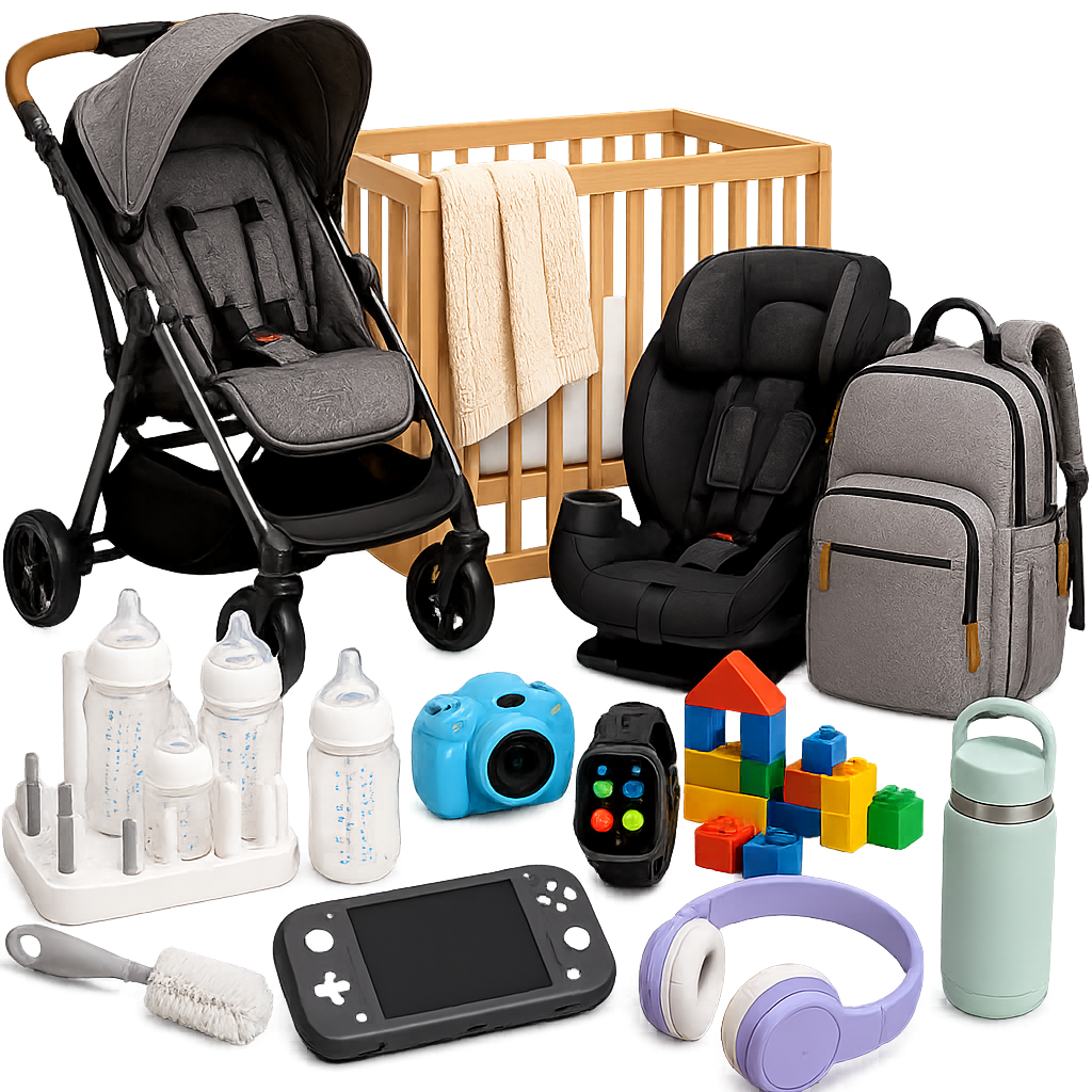 Baby and kids products arranged on a clean background