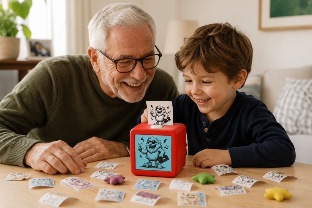 An elderly man and a young boy smile while playing with a red toy that displays cartoon monster cards. More cartoon cards and colorful game pieces are scattered on the table in front of them.