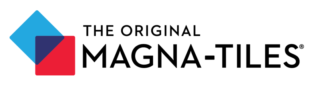 Logo for The Original Magna-Tiles featuring overlapping blue and red squares with a smaller purple triangle in the corner, alongside bold black text on a light background.