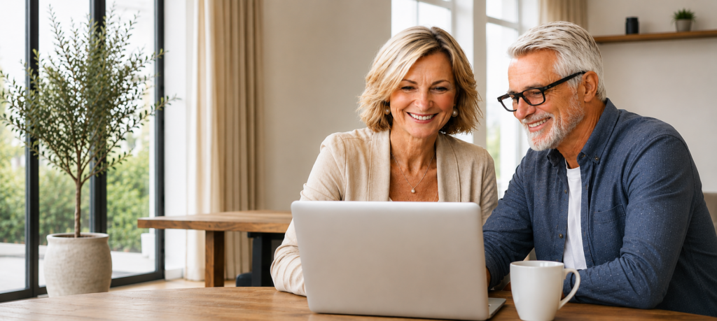 Smiling older couple sits at a wooden table looking at a laptop screen together in a bright, modern living room—perhaps exploring new opportunities to advertise with ZestYears. A potted plant, shelves, and a coffee mug are visible in the background.