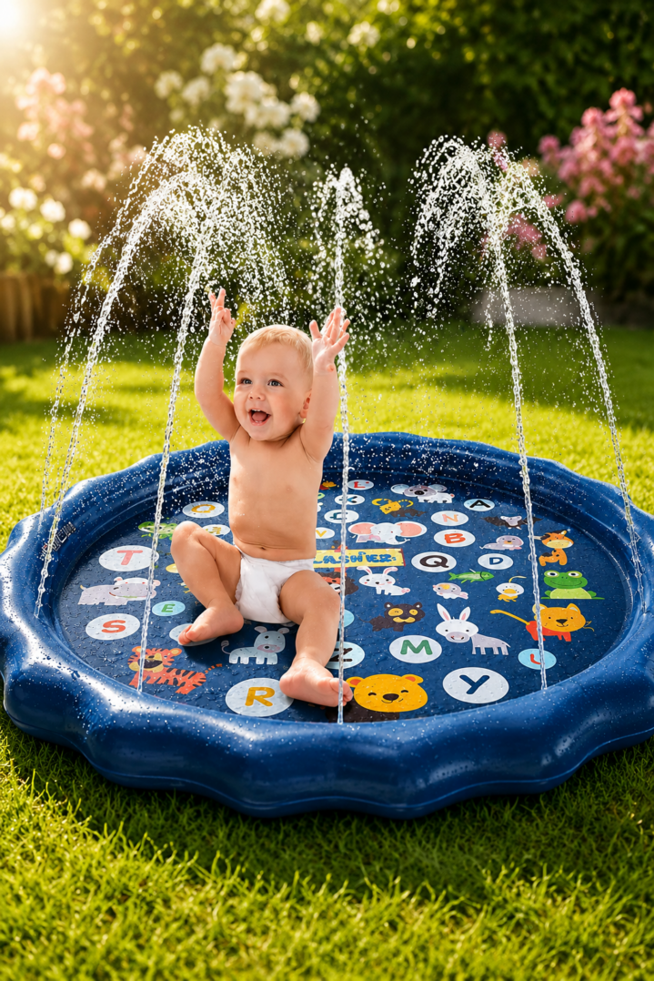 A smiling baby wearing a diaper plays in a round splash pad decorated with animal and letter designs as water sprays up around them on a sunny day in a grassy garden.