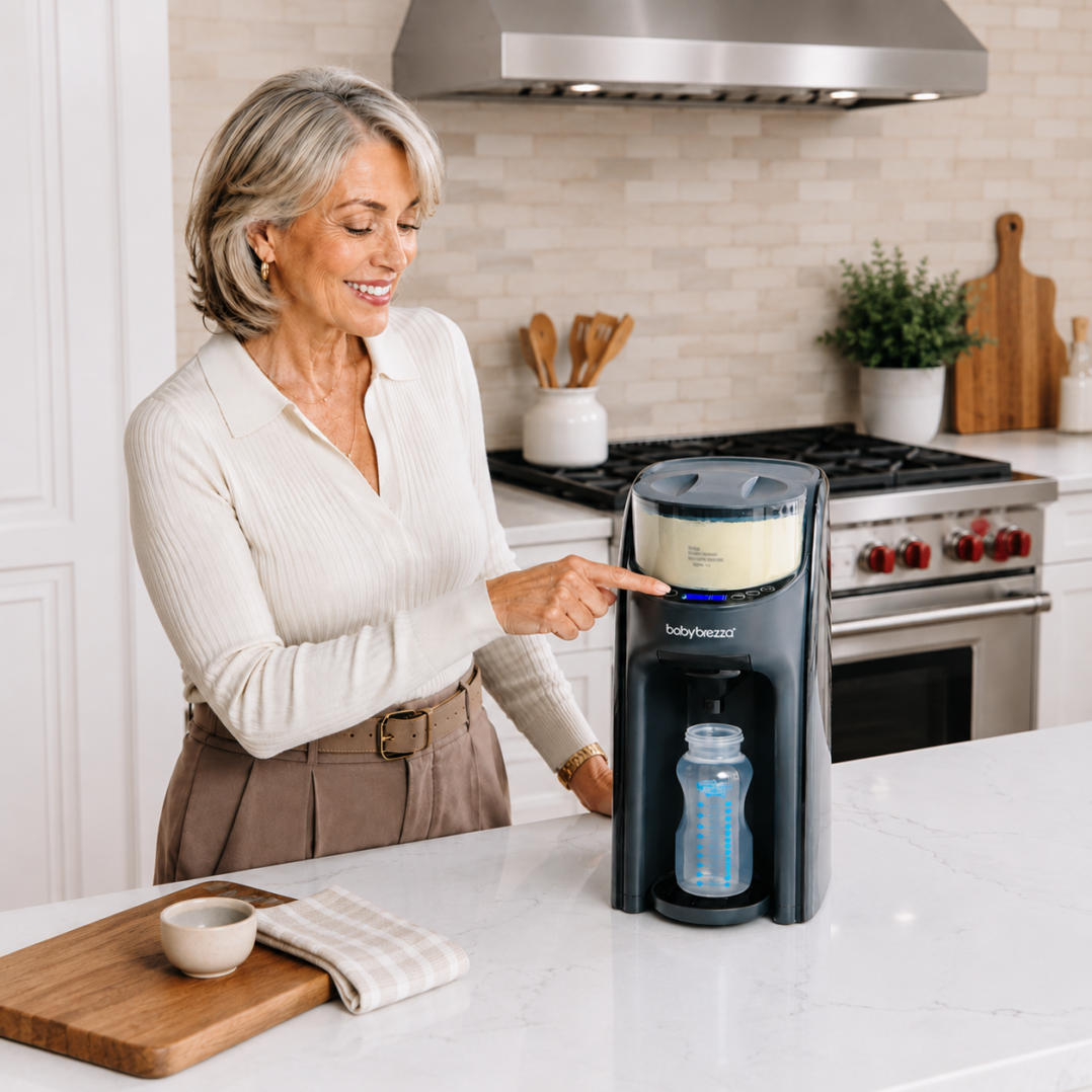 A smiling older woman stands in a kitchen and points to a Baby Brezza machine preparing a baby bottle on the counter. A cup, cloth, and wooden utensils are nearby.