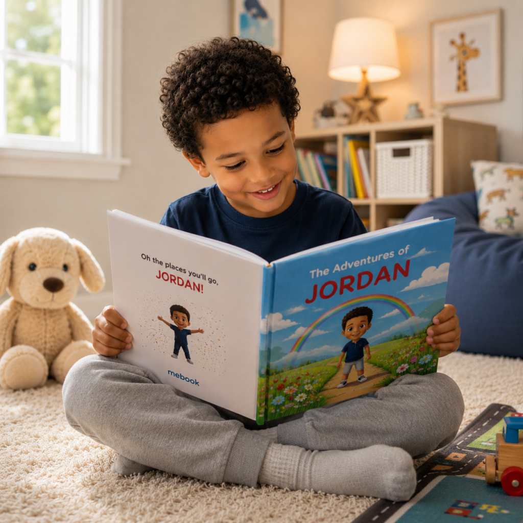 A young boy sits cross-legged on a carpet in a cozy room, smiling as he reads a personalized childrens book titled The Adventures of Jordan. A plush dog and toys are visible in the background.