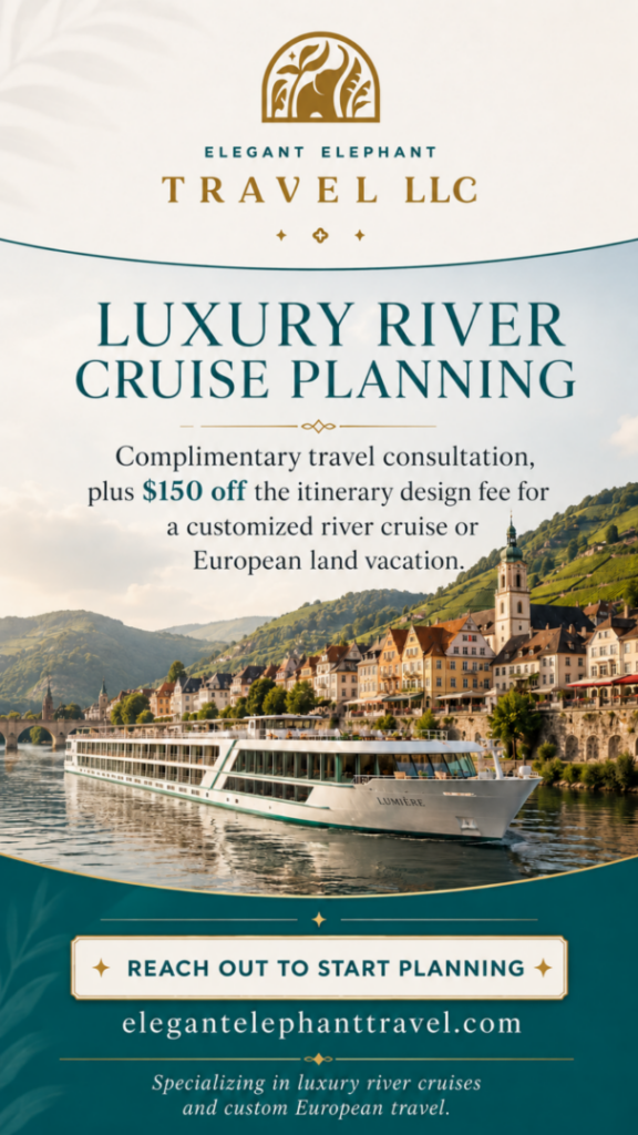 A river cruise ship sails by a European village with green hills. The ad promotes luxury river cruise planning by Elegant Elephant Travel LLC, offering $150 off consultation.