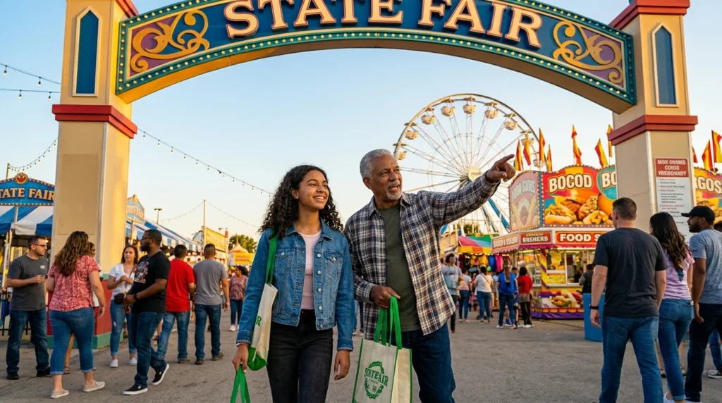 A man and a young woman smile while walking under a large State Fair sign. The area is crowded, with food stands and a Ferris wheel visible in the background. Both people are holding shopping bags.