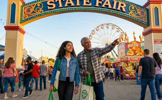 A man and a young woman smile while walking under a large State Fair sign. The area is crowded, with food stands and a Ferris wheel visible in the background. Both people are holding shopping bags.