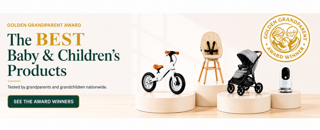Banner with text: The BEST Baby & Children’s Products and Golden Grandparent Award Winner. Products shown include a balance bike, high chair, stroller, and baby monitor on round pedestals—perfect picks for ZestYears families. A See the Award Winners button is visible.