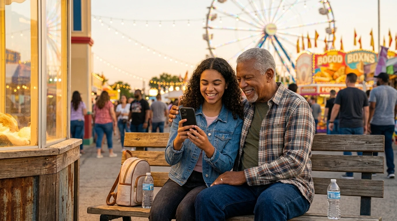 A young woman and an older man sit on a bench at a fair, smiling as they look at a phone. A Ferris wheel, food stands, and people walking are visible in the background.